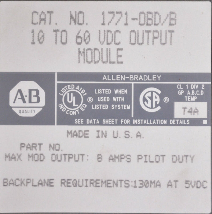 ALLEN BRADLEY 10-60VDC DC OUTPUT MODULE 1771-OBD SER. B