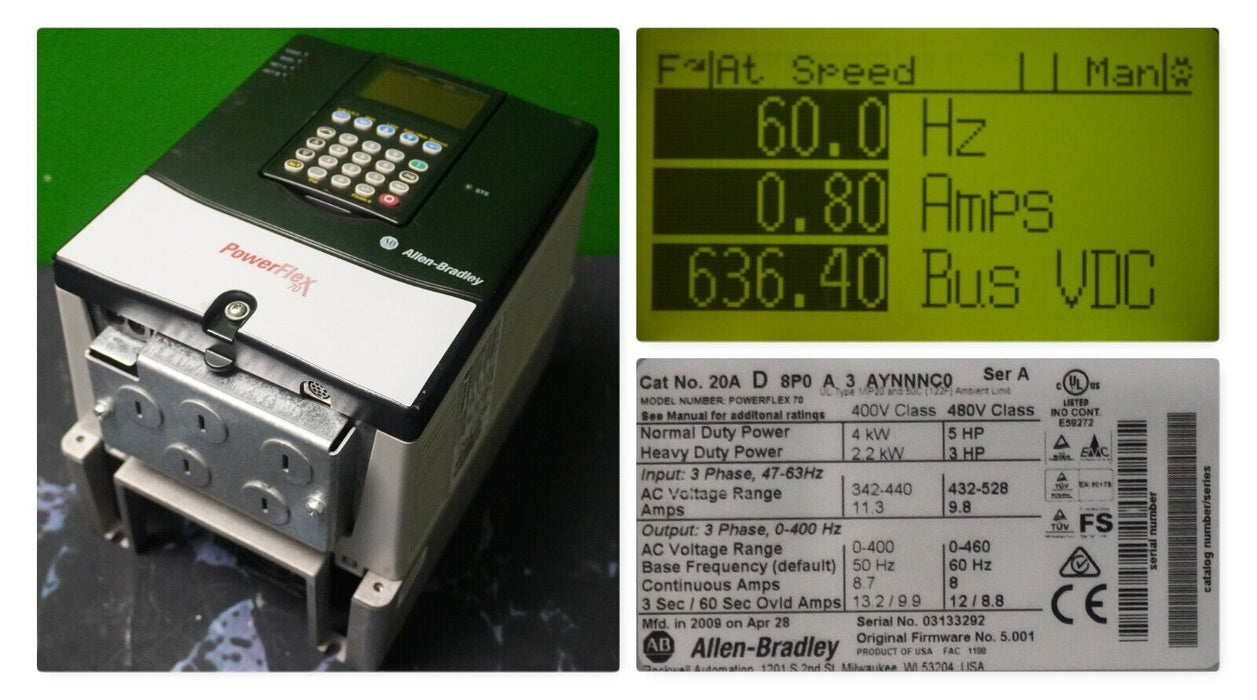 Zero Hrs Allen-Bradley PowerFlex 70 5 HP 20AD8P0A3AYNNNC0 480 VAC FRN:5.001