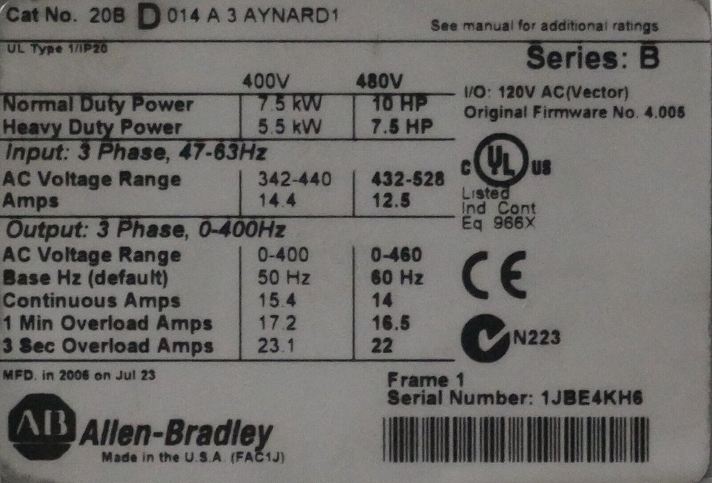 Allen-Bradley PowerFlex 700 10HP 20BD014A3AYNARD1 480VAC FRN:4.005