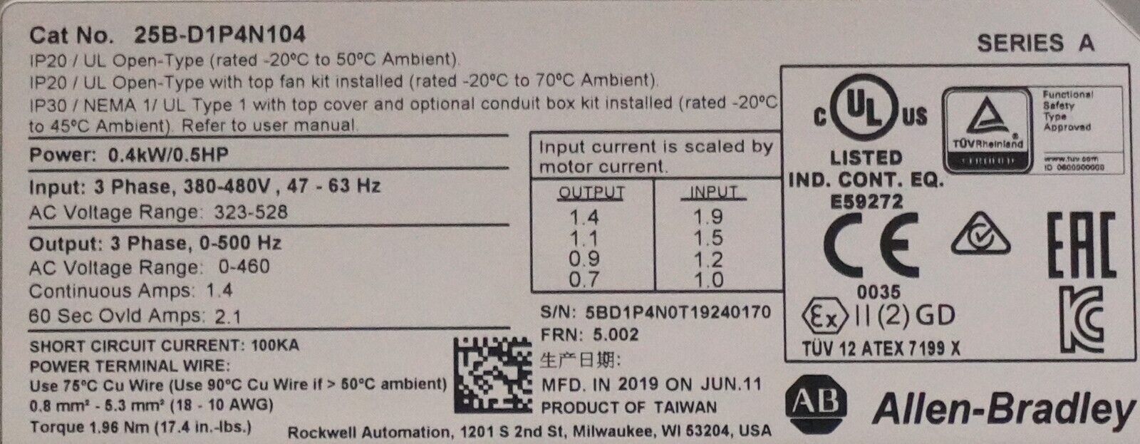 Low Hr Allen Bradley 25B-D1P4N104 1/2HP Powerflex 525 Series A FRN:5.002 Tested