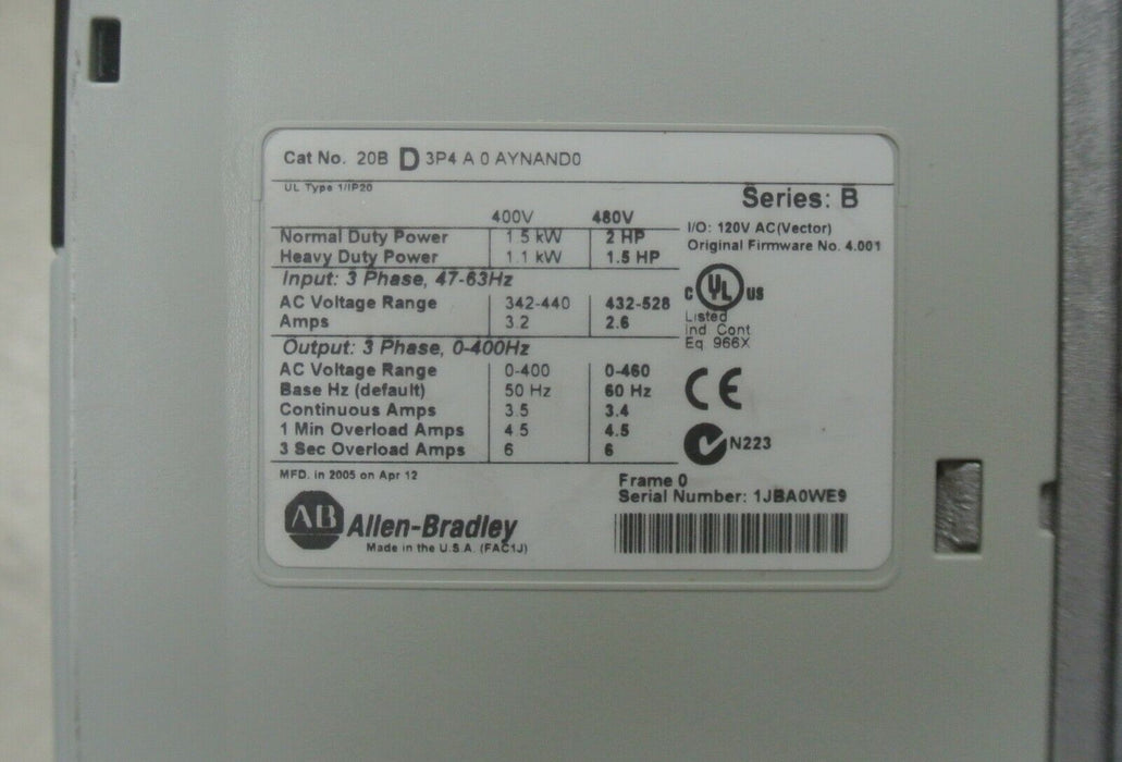 Allen-Bradley 20BD3P4A0AYNAND0 PowerFlex 700 2 HP 120 VAC I/O FRN 4.001