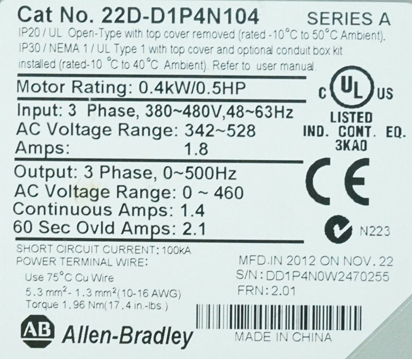 2012 Allen-Bradley Powerflex 40P 22D-D1P4N104 0.5 HP FRN:2.01 Tested Good