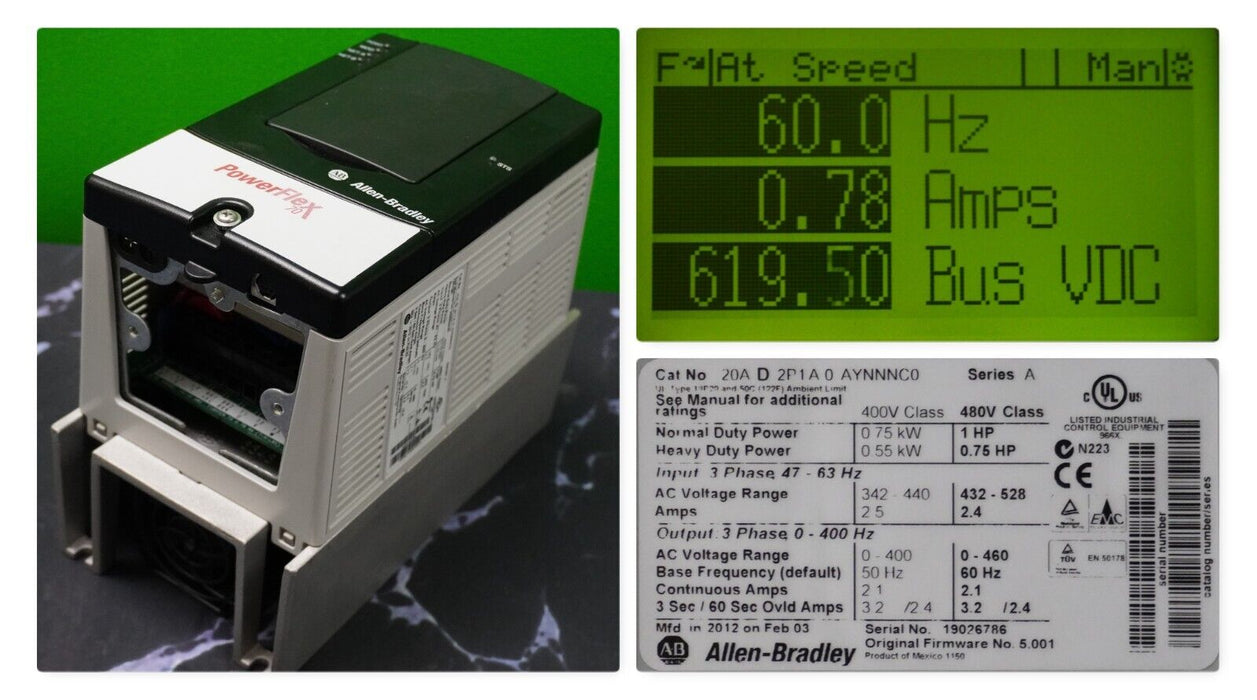 Low Hrs Allen-Bradley 20AD2P1A0AYNNNC0 PowerFlex70 1HP Series A FRN:5.001 Tested