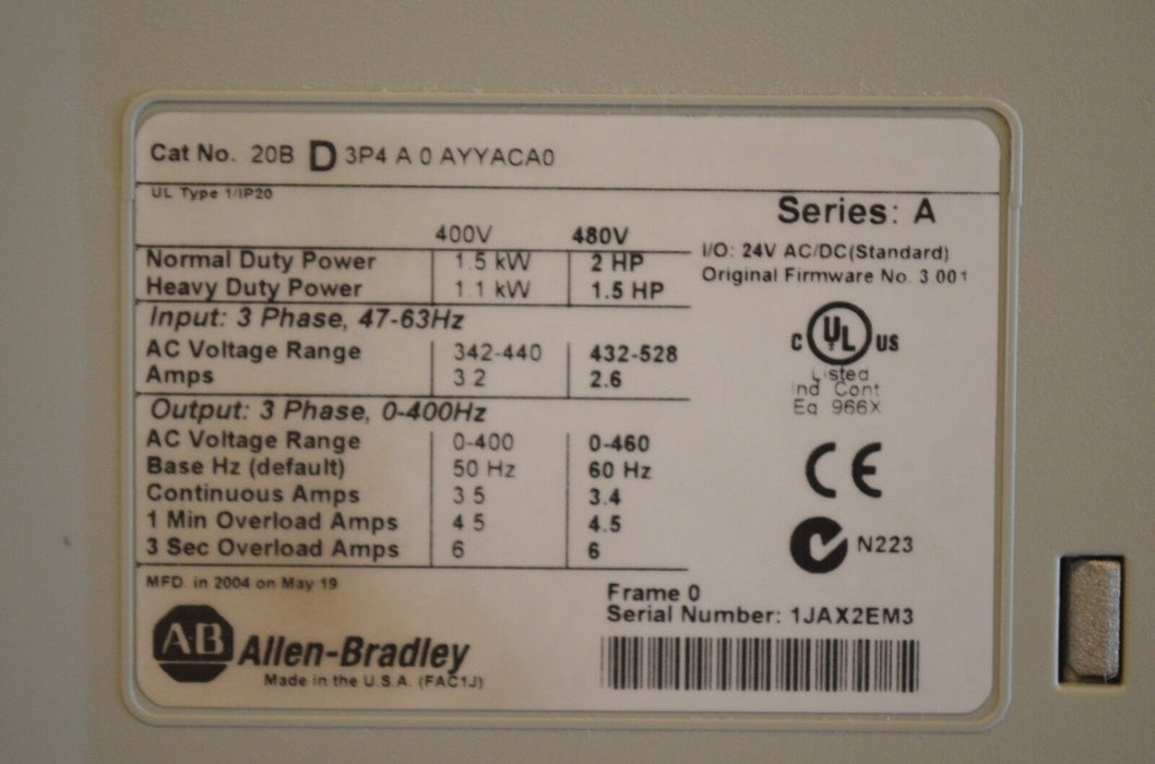 Allen-Bradley PowerFlex 700  2HP 20BD3P4A0AYYACA0 480VAC Very Clean Tested