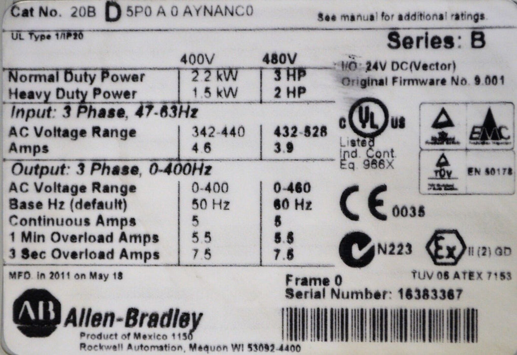 Allen-Bradley PowerFlex 700 3 HP 20BD5P0A0AYNANC0 480 VAC 9.001 Firmware