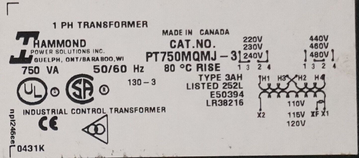 Hammond 750VA 1 Phase Industrial Control Transformer PT750MQMJ-3 50/60Hz