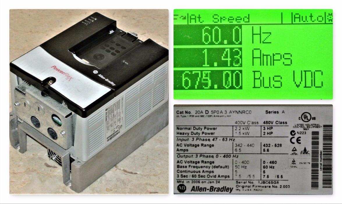 Allen-Bradley PowerFlex 70 3 HP 20AD5P0A3AYNNRC0 480VAC Clean Tested Good