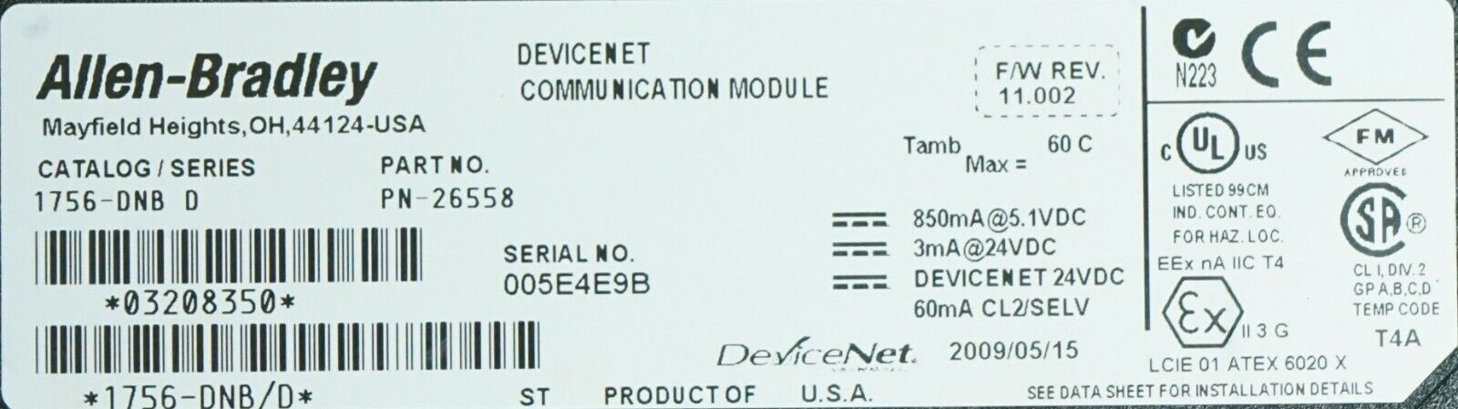 Allen-Bradley 1756-DNB/D Device Net Communications Module FRN:11.002 PN-26558