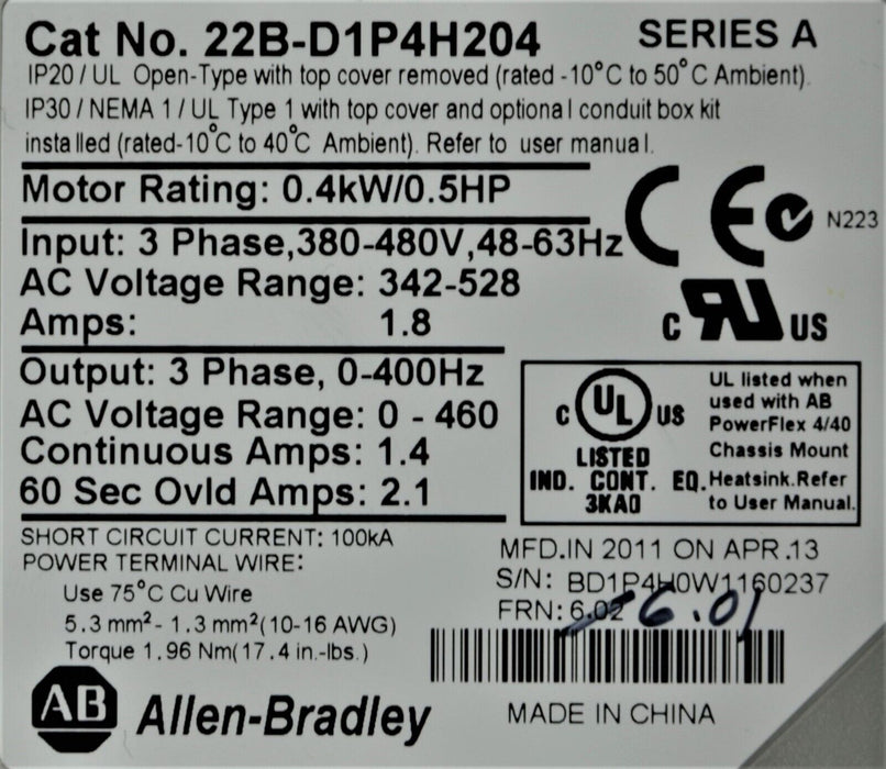 Allen-Bradley PowerFlex40 22B-D1P4H204 1/2 HP Ser. A FRN: 6.01 Tested (No Cover)