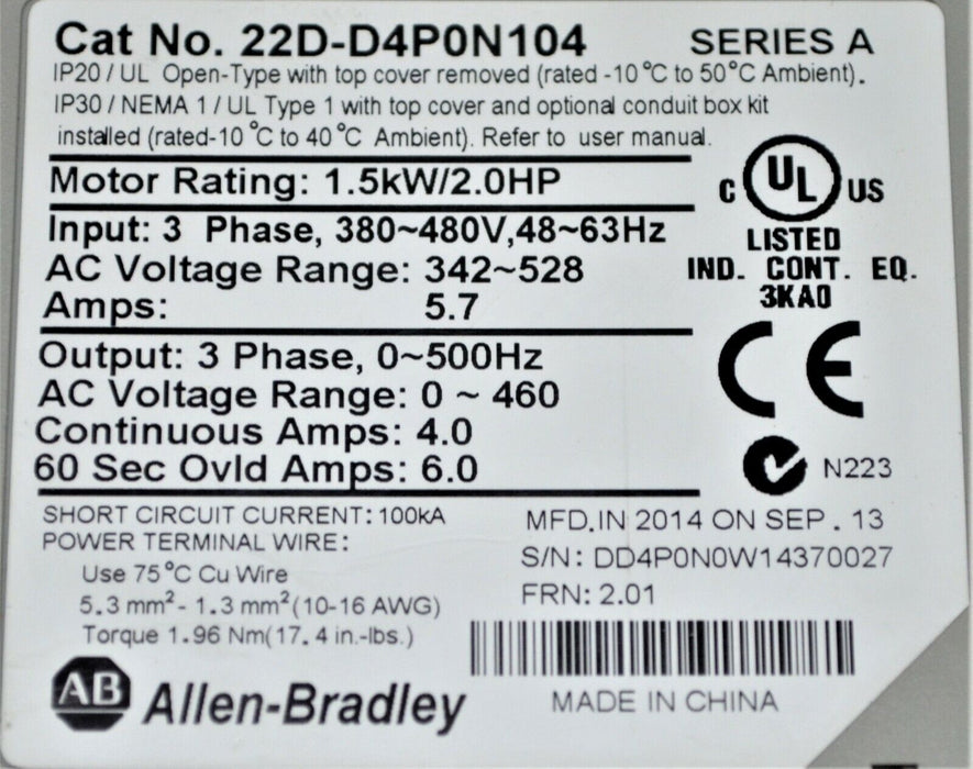 Low Hours 22D-D4P0N104 Allen Bradley PowerFlex 40P Drive 2 HP Ser. A FRN:2.01