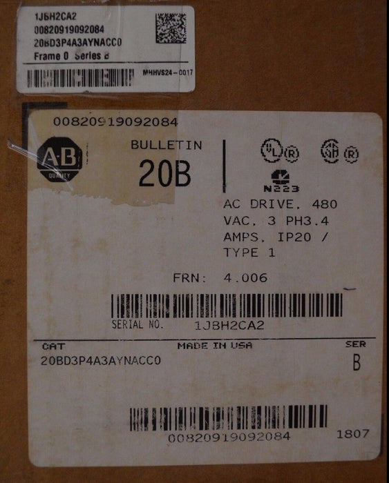 Allen-Bradley PowerFlex 700 2HP 20BD3P4A3AYNACC0 480VAC New Open Box