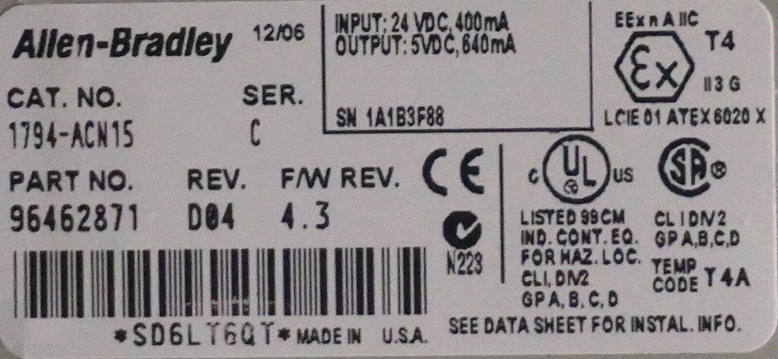 ALLEN BRADLEY 1794-ACN15 SER.C  ADAPTER MODULE FW:4.3