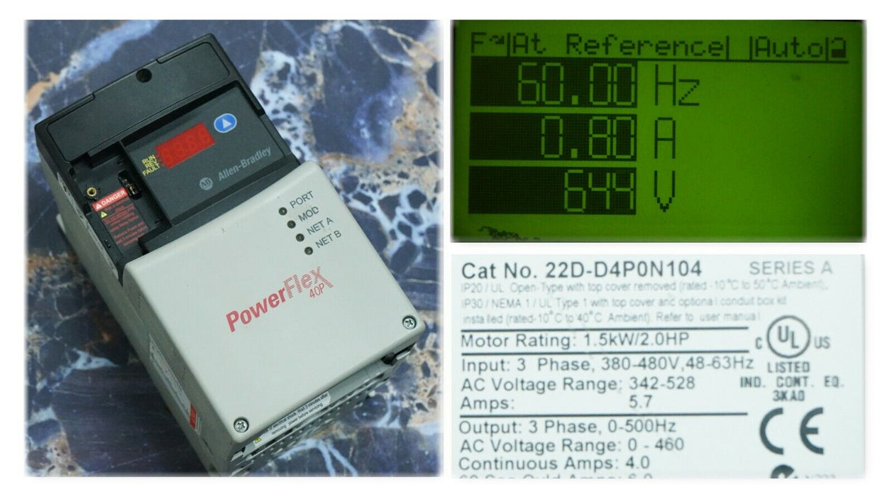 Zero Hours 22D-D4P0N104 Allen-Bradley PowerFlex 40P Drive 2HP Ser. A FRN:2.01