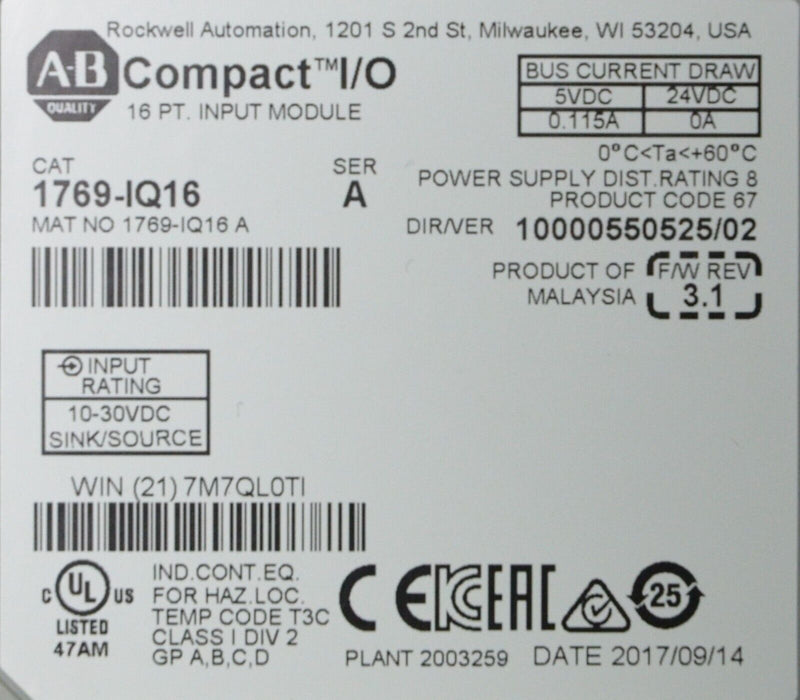 Allen-Bradley 1769-IQ16 Series A PLC Input Module FRN 3.1