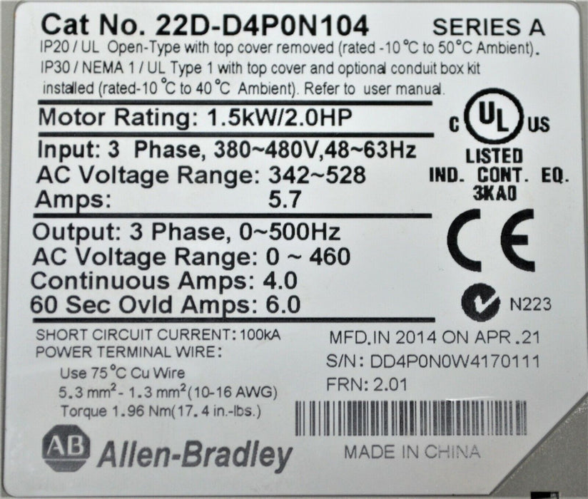 Low Hours 2014 22D-D4P0N104 Allen-Bradley PowerFlex 40P Drive 2 HP Tested Good