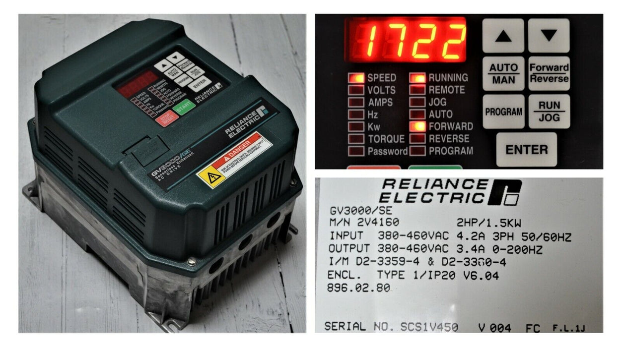 RELIANCE ELECTRIC GV3000 SE 2V4160 Vector 2 HP VER. 6.04 AC DRIVE TESTED GOOD