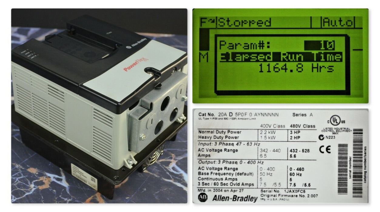 Allen-Bradley PowerFlex 70 3 HP 20AD5P0F0AYNNNNN 480 VAC Tested Good  FRN:2.007