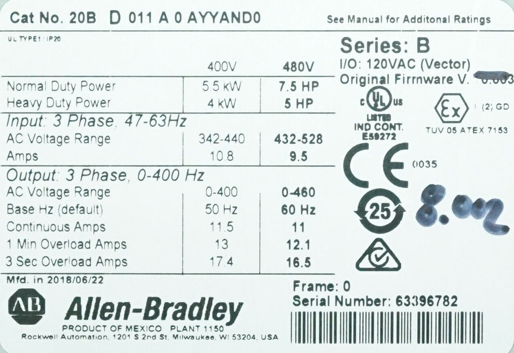 2018 Low Hr Allen-Bradley 20BD011A0AYYAND0 PowerFlex700 7.5 HP 120 VAC FRN:8.002