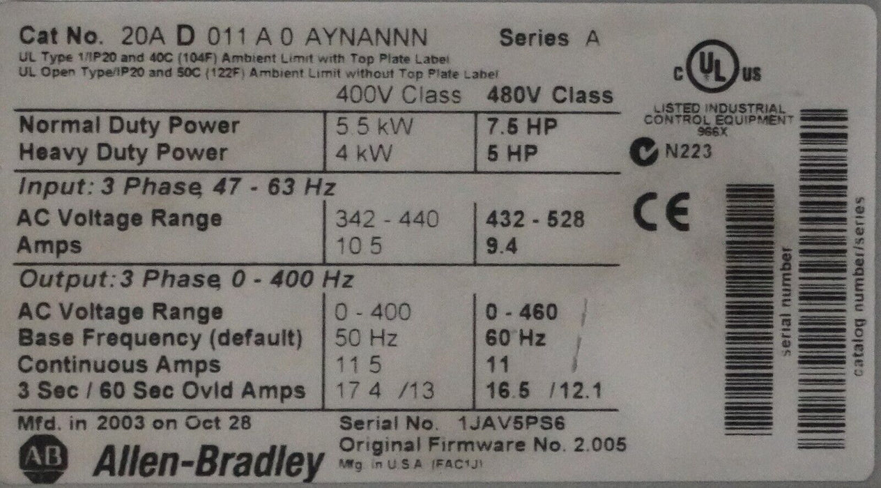 Allen-Bradley PowerFlex 70 7.5 HP 20AD011A0AYNANNN 480 VAC Tested Good FRN:2.005