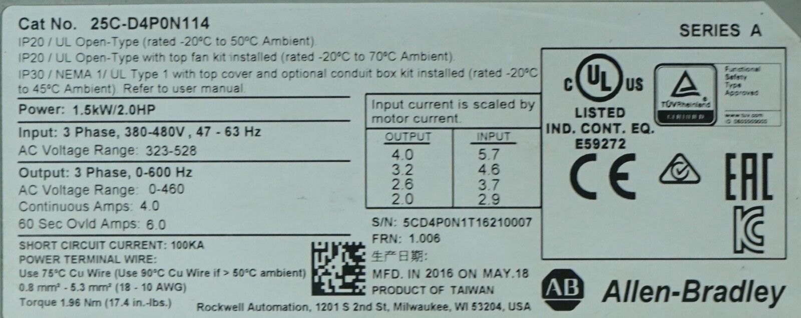 Allen Bradley 25C-D4P0N114 PowerFlex 527 2HP AC Drive FRN:1.006