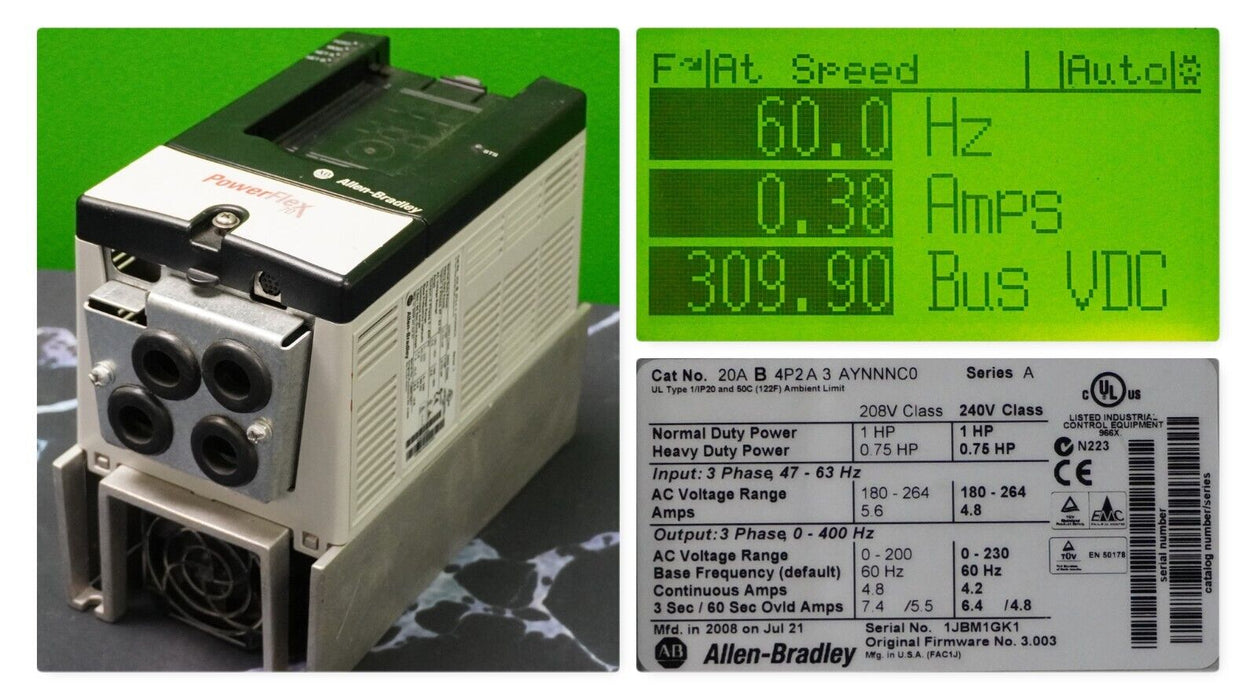 Allen-Bradley 20AB4P2A3AYNNNC0 PowerFlex 70 1HP Series A FRN:3.003 Tested Good