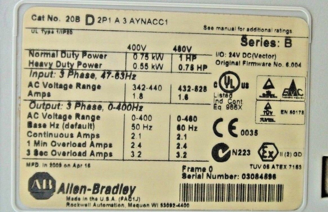 Allen Bradley 20BD2P1A3AYNACC1 PowerFlex 700 Drive 1 HP Clean Tested Good