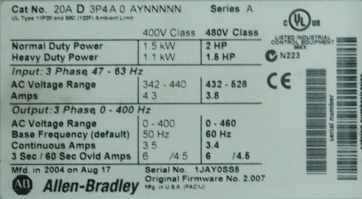 Low Hr Allen-Bradley PowerFlex 70 2HP 20AD3P4A0AYNNNNN 480VAC FRN:2.007