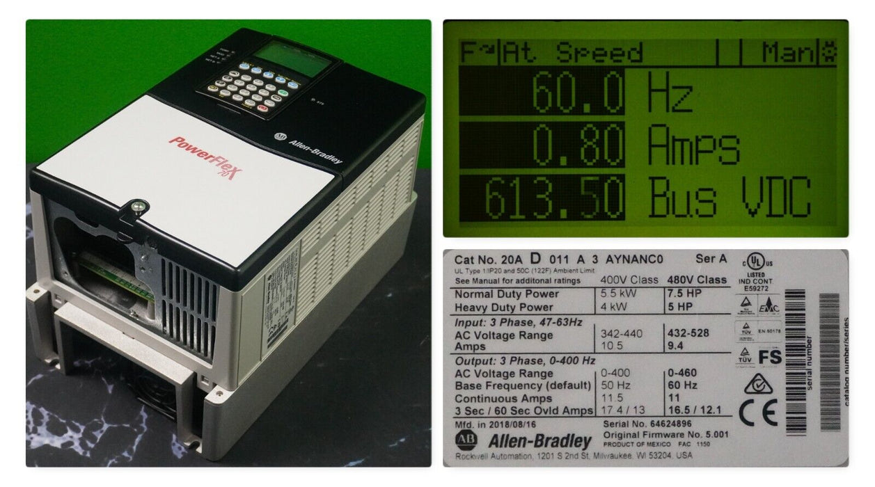 Allen Bradley PowerFlex 70 7.5HP 20AD011A3AYNANC0 480VAC Tested FRN:5.001