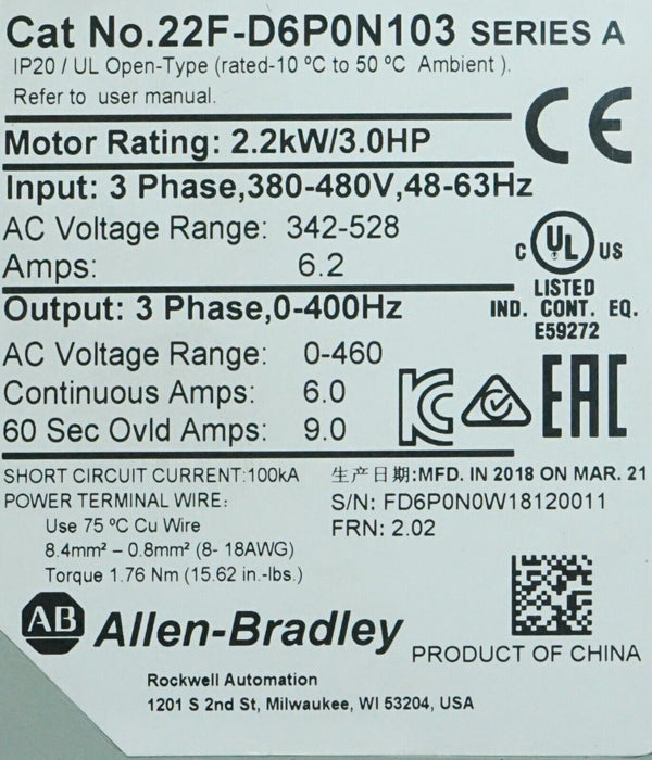 2018 Allen Bradley 22F-D6P0N103 PowerFlex 4M 3HP FRN:2.02 Tested Good