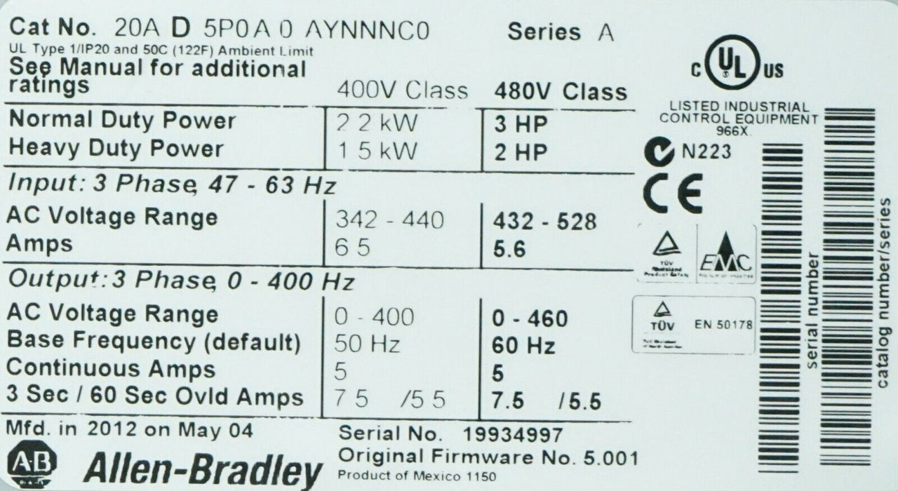 Allen-Bradley PowerFlex 70 3 HP 20AD5P0A0AYNNNC0 Tested Good FRN:5.001