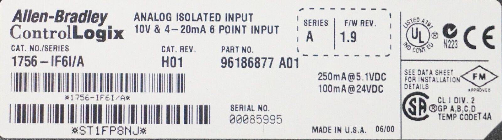 Allen-Bradley 1756-IF6I ControlLogix 6Point Isolated A/I Module Tested Good