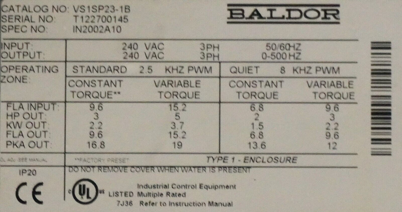 New Baldor 5HP VFD Inverter Duty Drive Model VS1SP23-1B Spec 1N2002A10