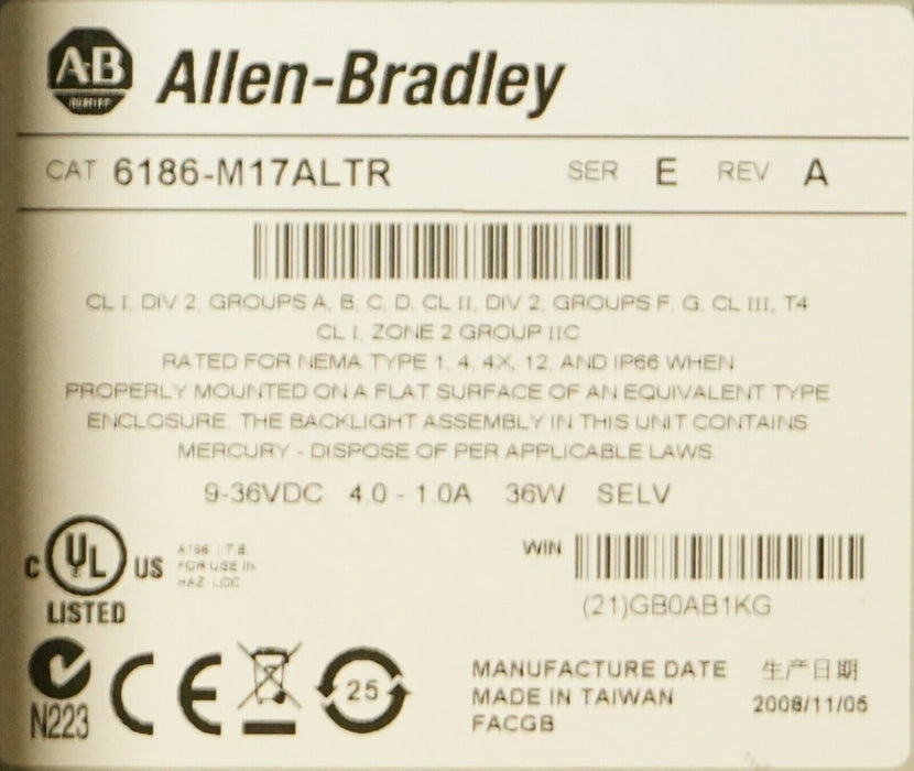 Allen-Bradley 6186-M17ALTR VersaView 1700M Touch Monitor 17" 12/24VDC    (D)