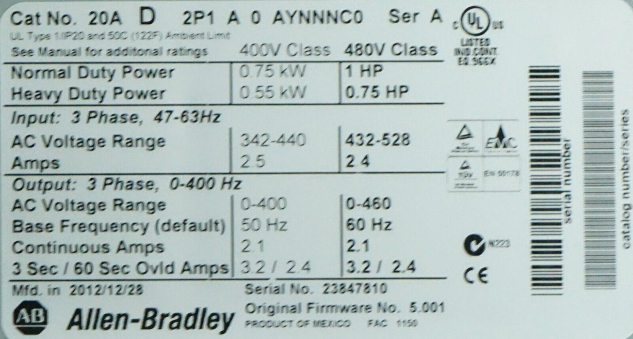 Zero Run Hrs Allen-Bradley 20AD2P1A0AYNNNC0 PowerFlex70 1HP 480VAC FRN:5.001