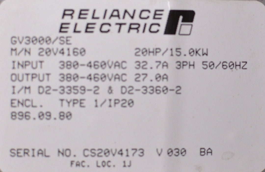 RELIANCE ELECTRIC 20V4160 GV3000/SE 20 HP VER. 6.01 AC DRIVE TESTED OK LOW HOURS