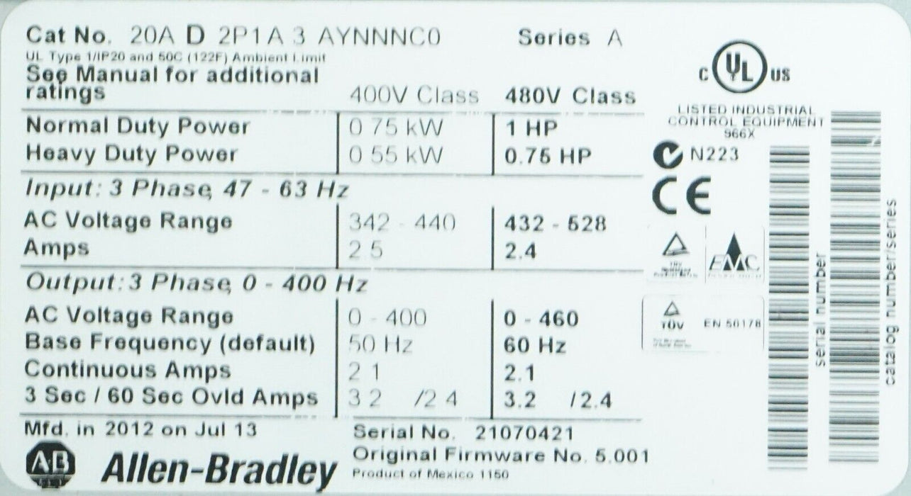 Allen-Bradley PowerFlex 70 20AD2P1A3AYNNNC0 Ser. A 1HP FRN 5.001