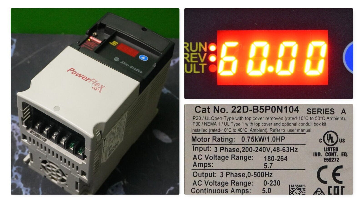 Allen-Bradley 22D-B5P0N104 PowerFlex 40P Drive 1 HP Series A Tested FRN:2.01