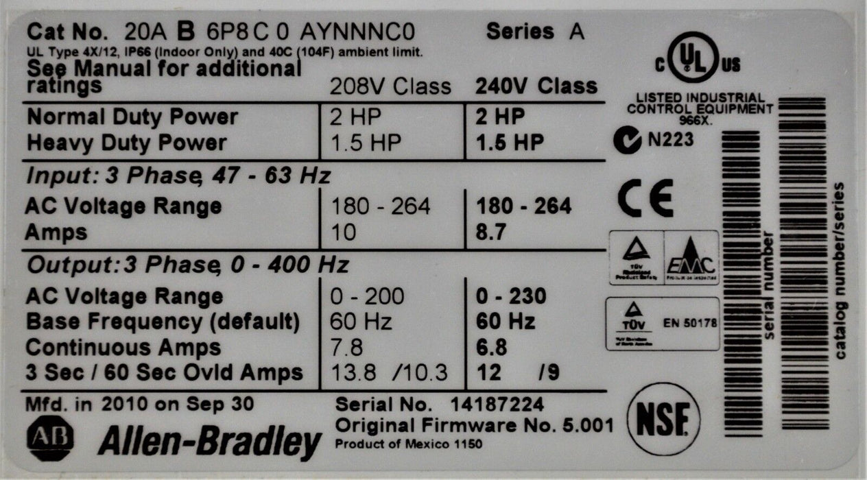 New In Box Allen-Bradley PowerFlex 70 2 HP 20AB6P8C0AYNNNC0  Mfd. 2010  240VAC