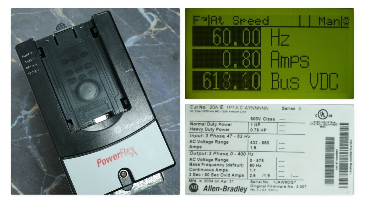 Allen-Bradley PowerFlex 70 1 HP Ser. A 20AE1P7A0AYNNNNN 600 VAC FRN:2.007 Tested