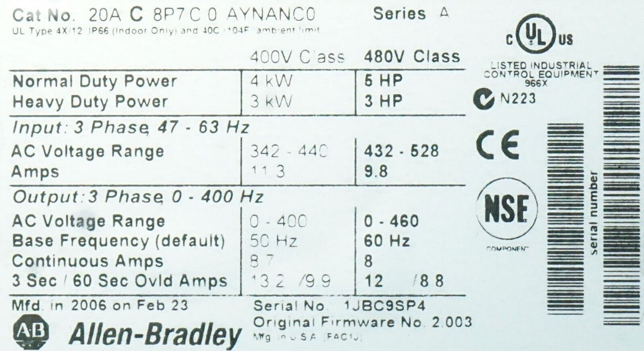 New Allen-Bradley 20AC8P7C0AYNANC0 5HP 480V Powerflex 70 FRN:2.003