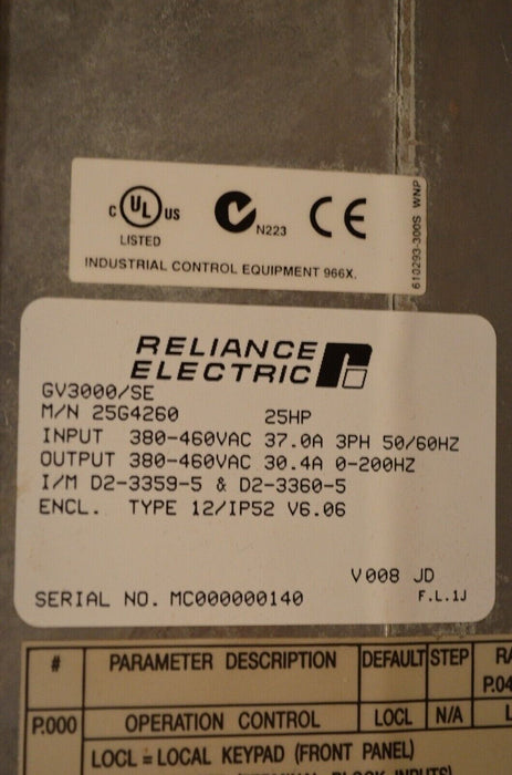 RELIANCE ELECTRIC GV3000 VTAC 7 25 HP 25G4260 AC DRIVE TESTED OK