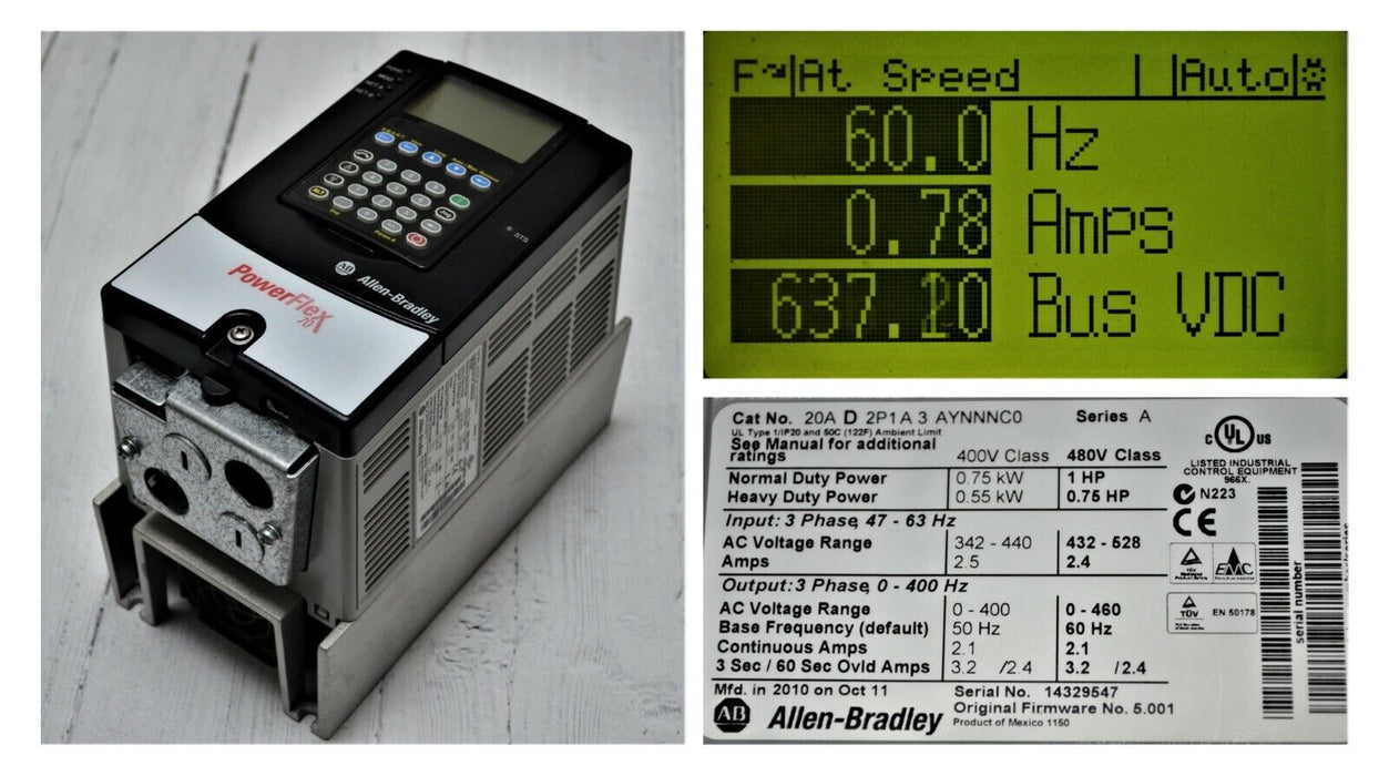 Allen-Bradley PowerFlex 70 1 HP 20AD2P1A3AYNNNC0 480 VAC FRN 5.001 Tested Good