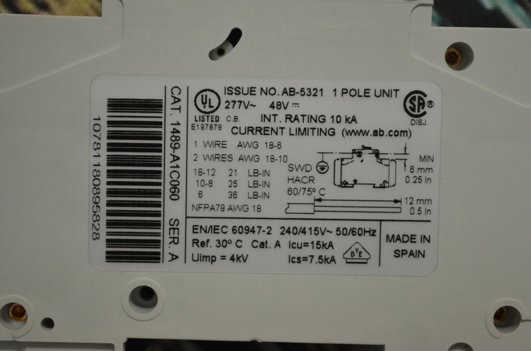 NEW Set of 2 Allen Bradley 1489-A1C060 Series A Circuit Breaker 1 Pole