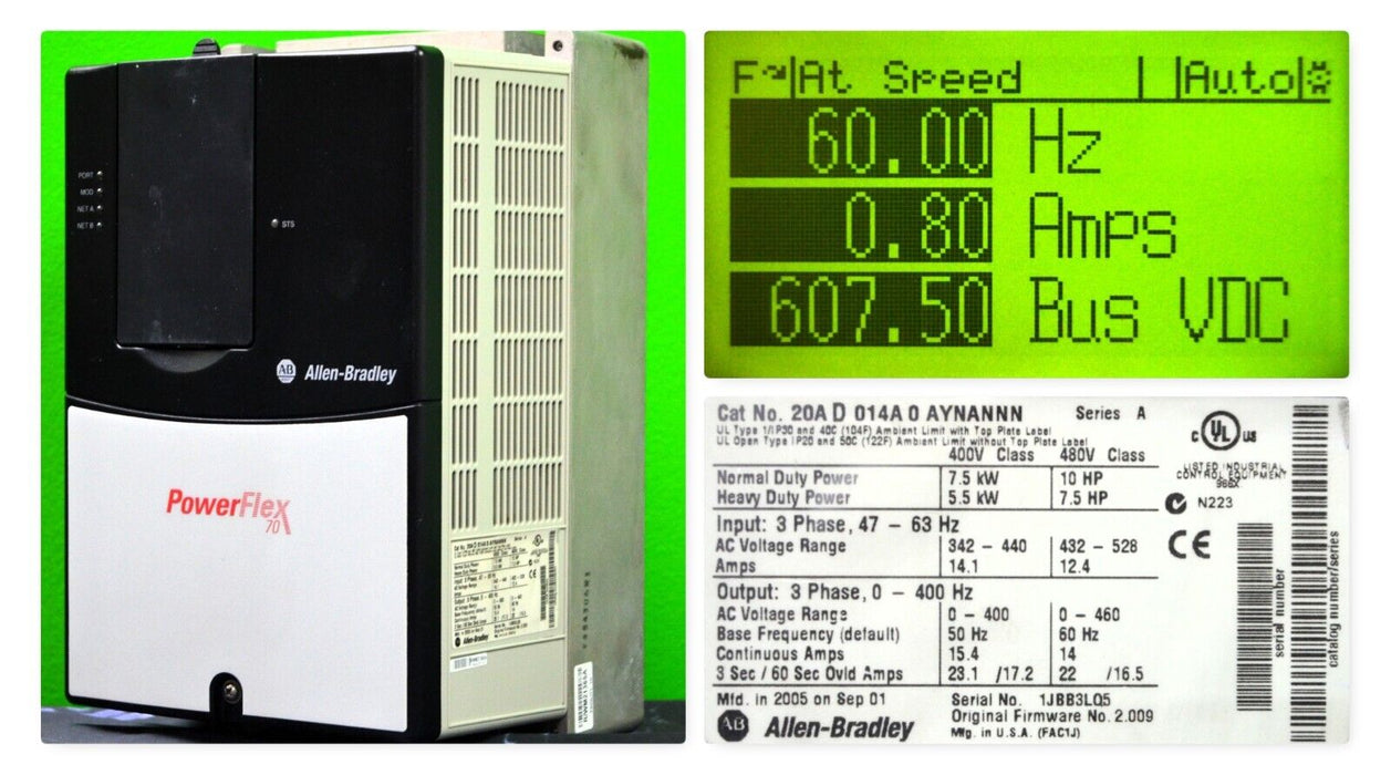 Allen-Bradley PowerFlex 70 10 HP 20AD014A0AYNANNN 480 VAC FRN 2.008 Tested Good