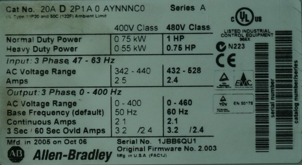 Allen Bradley PowerFlex 70 20AD2P1A0AYNNNC0 1HP 480VAC FRN:2.003