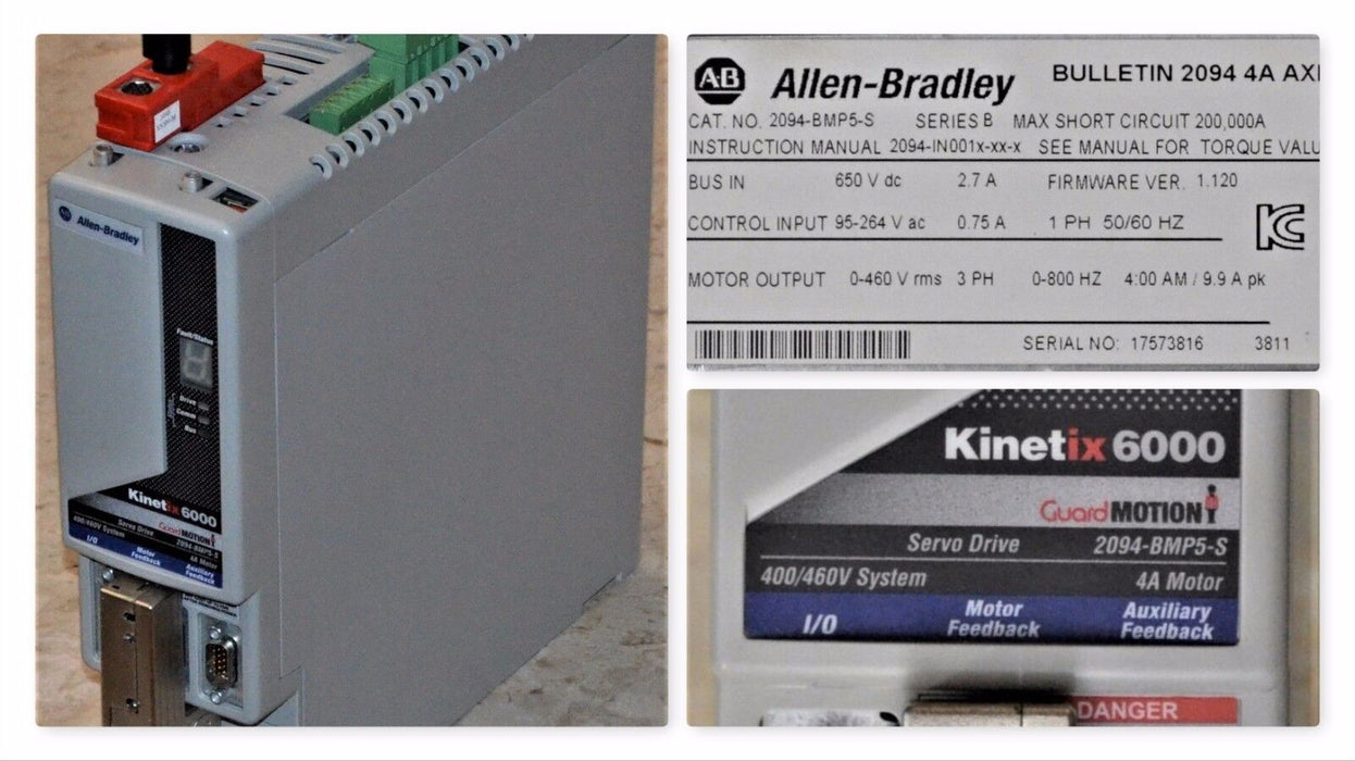 ALLEN-BRADLEY KINETIX 6000 2094-BMP5-S AXIS MODULE 4 AMPS 480 VAC FIRMWARE 1.120