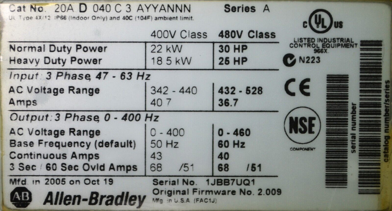 New Allen-Bradley PowerFlex 70 30 HP 20AD040C3AYYANNN 480 VAC FRN:2.009