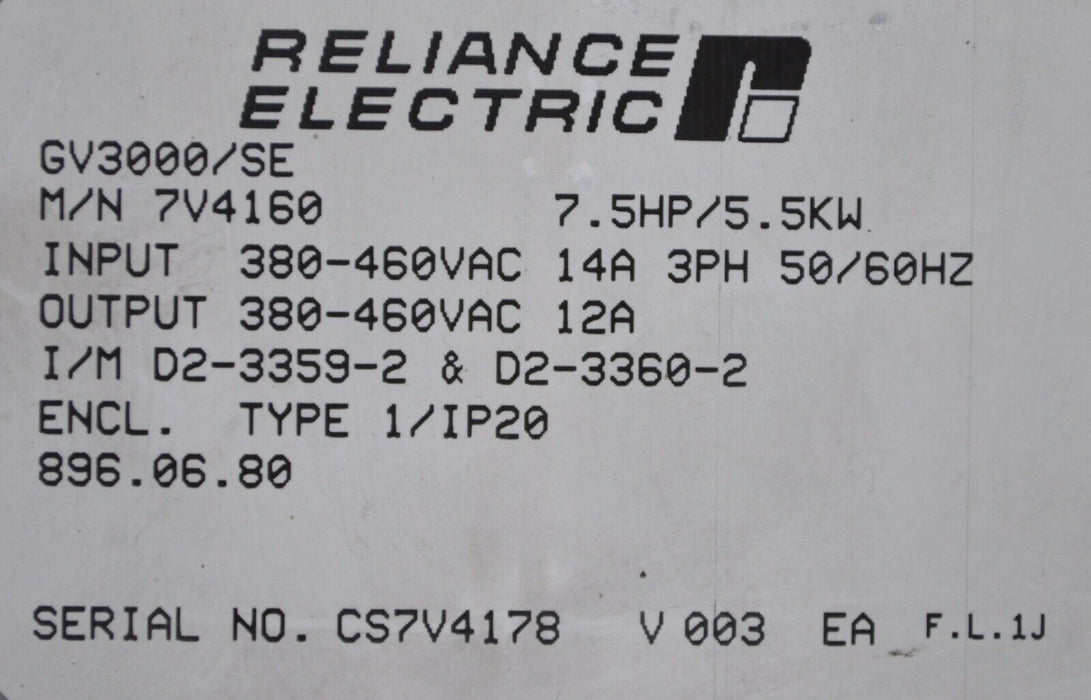 Reliance Electric GV3000/SE 7.5 HP 7V4160 Firmware 6.04 AC Drive Tested Good