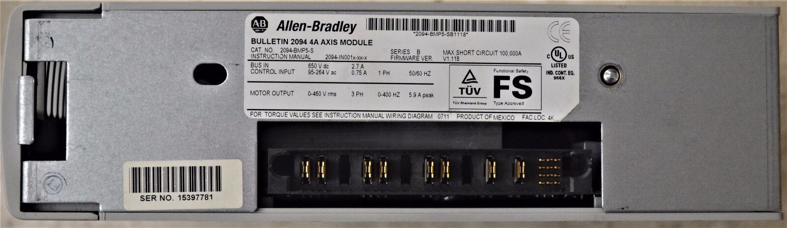 ALLEN-BRADLEY KINETIX 6000 2094-BMP5-S AXIS MODULE 4 AMPS 480 VAC FIRMWARE 1.118