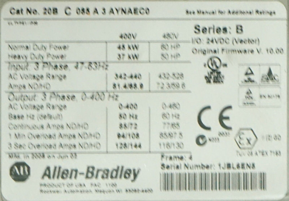 Low-Hours Allen-Bradley PowerFlex 700 60 HP 20BC085A0AYNANC0 Series B FRN:10.002